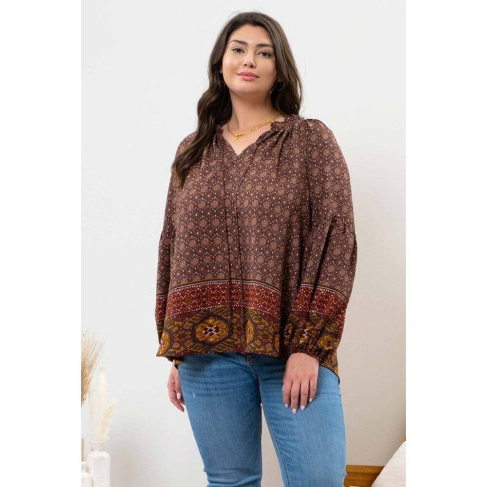 Bohemian Printed Long Sleeve Blouse Womens Plus Size 1X